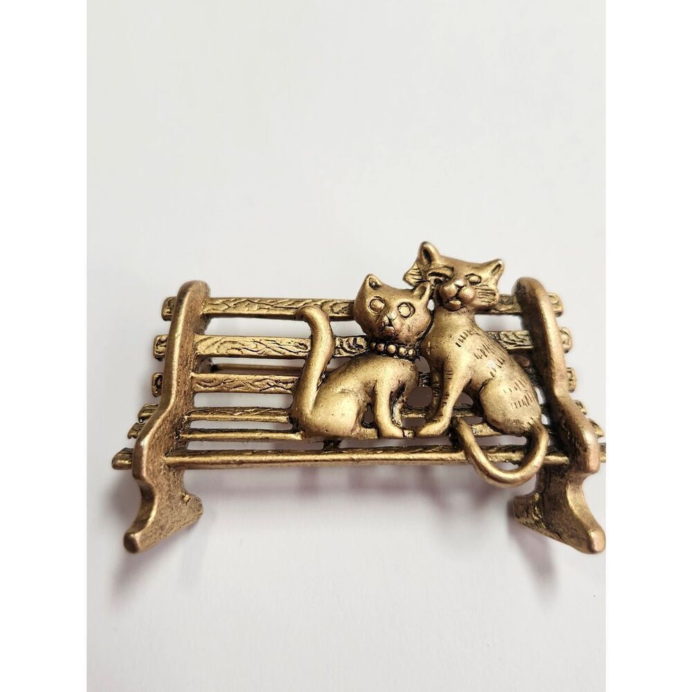 Vintage AJC Signed Cats on Park Bench Gold Tone Brooch Pin